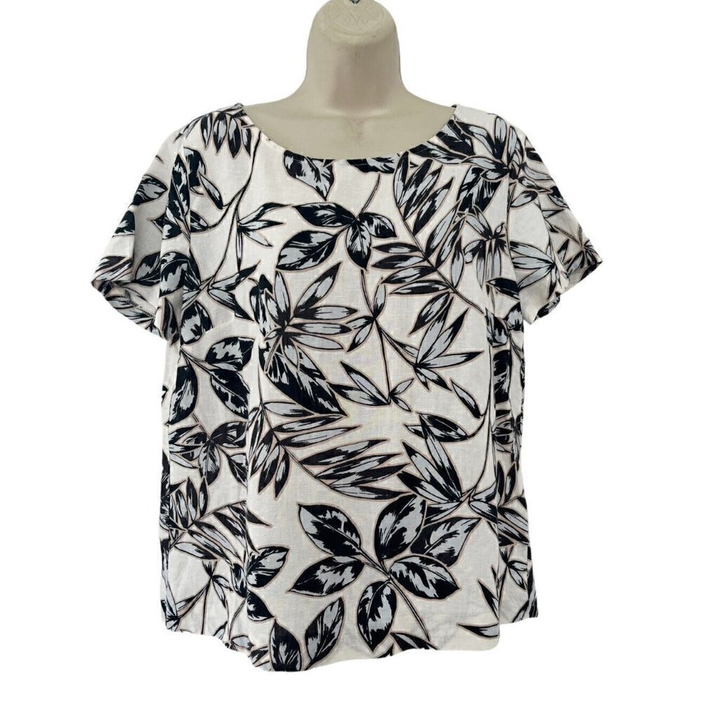 J. Crew Factory Woman's Sz M Cream Blue Leaf Print Linen Blend Top